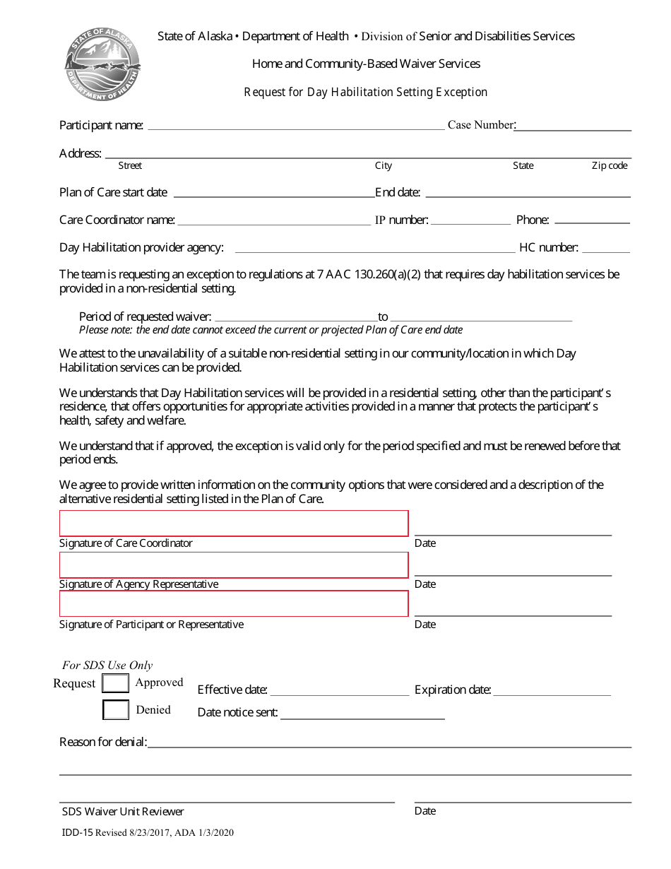 Form IDD-15 Request for Day Habilitation Setting Exception - Alaska, Page 1