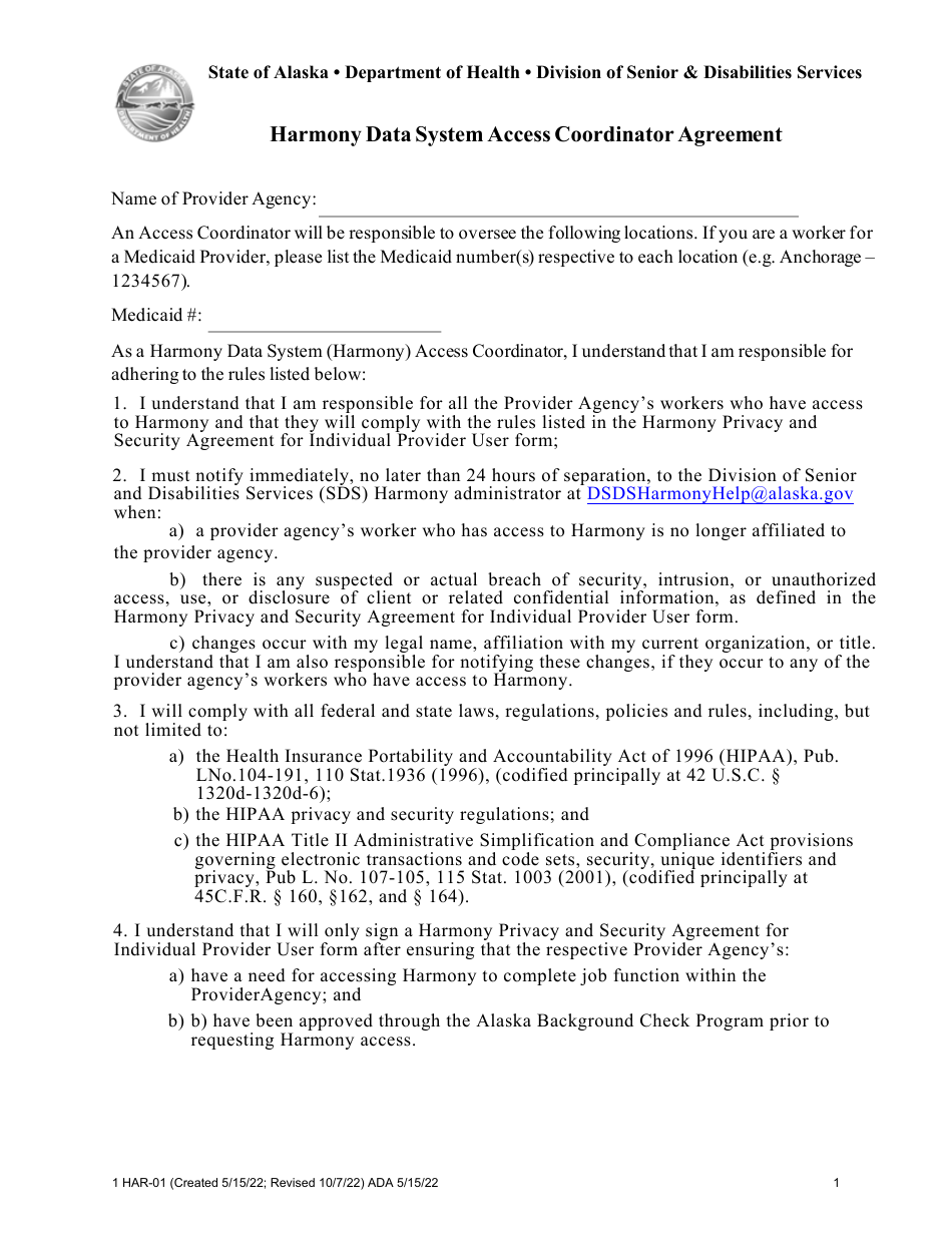 Form HAR-01 Harmony Data System Access Coordinator Agreement - Alaska, Page 1