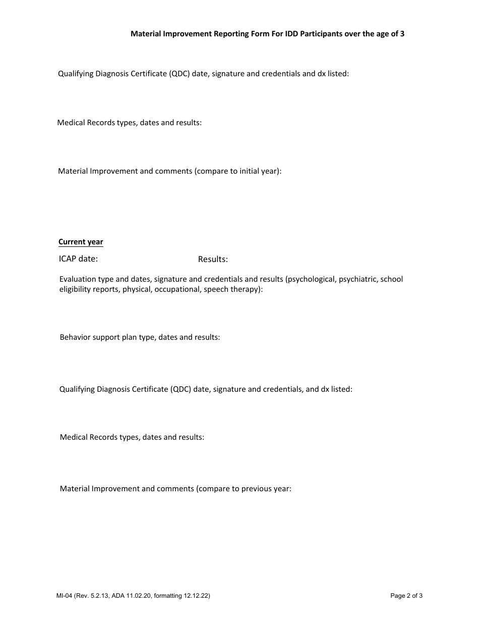 Form MI-04 Material Improvement Reporting Form for Idd Participants Under the Age of 3 - Alaska, Page 2