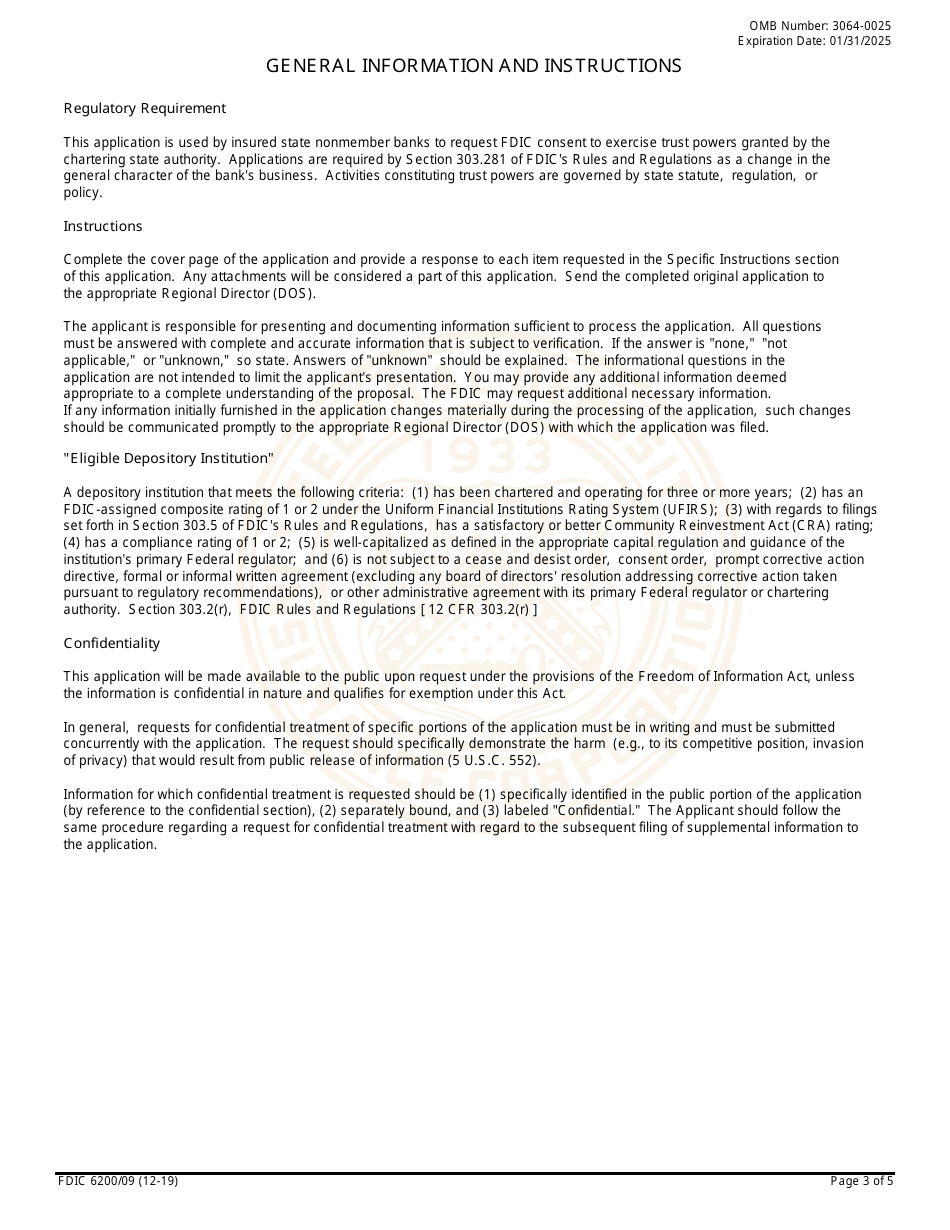 FDIC Form 6200 / 09 Application for Consent to Exercise Trust Powers, Page 3