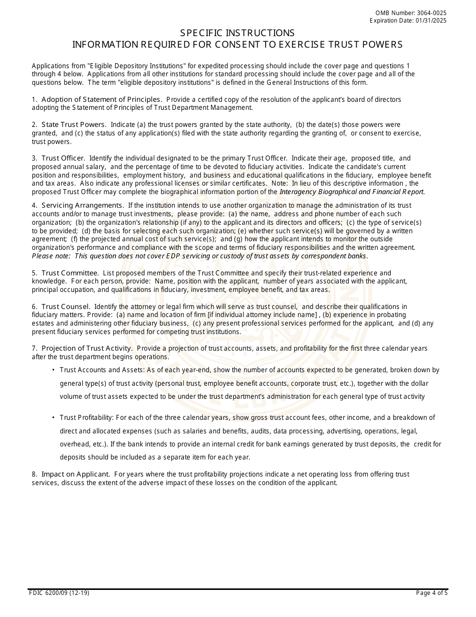 FDIC Form 6200 / 09 Application for Consent to Exercise Trust Powers, Page 4