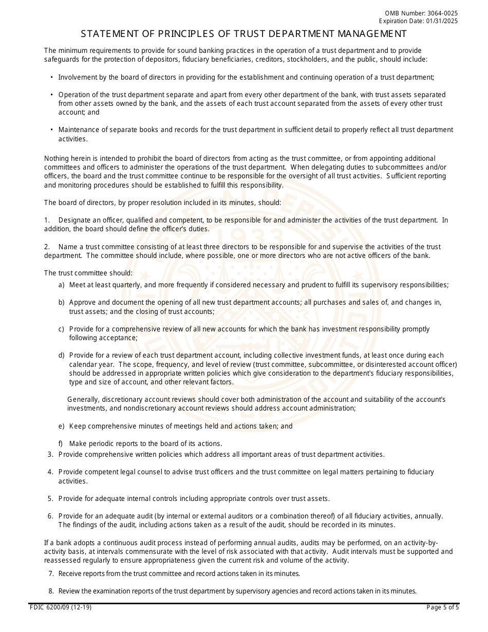 FDIC Form 6200 / 09 Application for Consent to Exercise Trust Powers, Page 5