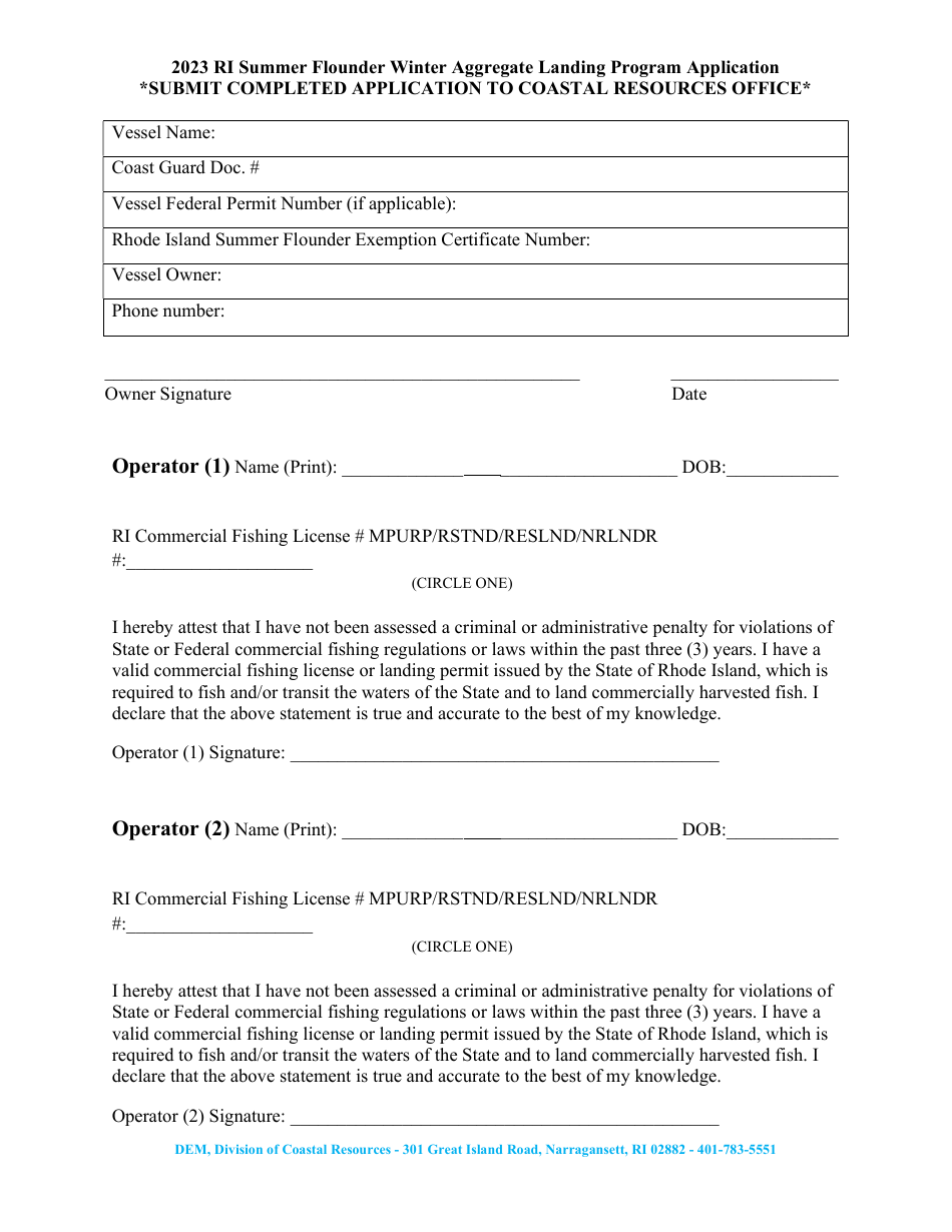 Summer Flounder Winter Aggregate Landing Program Application Form - Rhode Island, Page 3