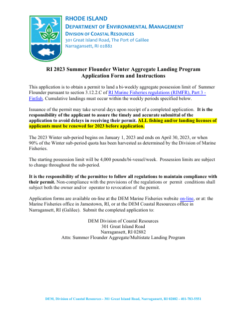 Summer Flounder Winter Aggregate Landing Program Application Form - Rhode Island, 2023