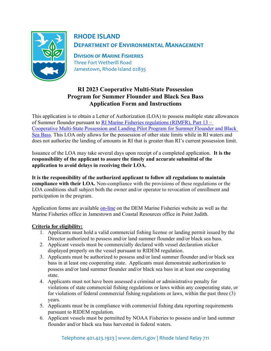Cooperative Multi-State Possession Pilot Program for Summer Flounder and Black Sea Bass Application Form - Rhode Island, Page 1