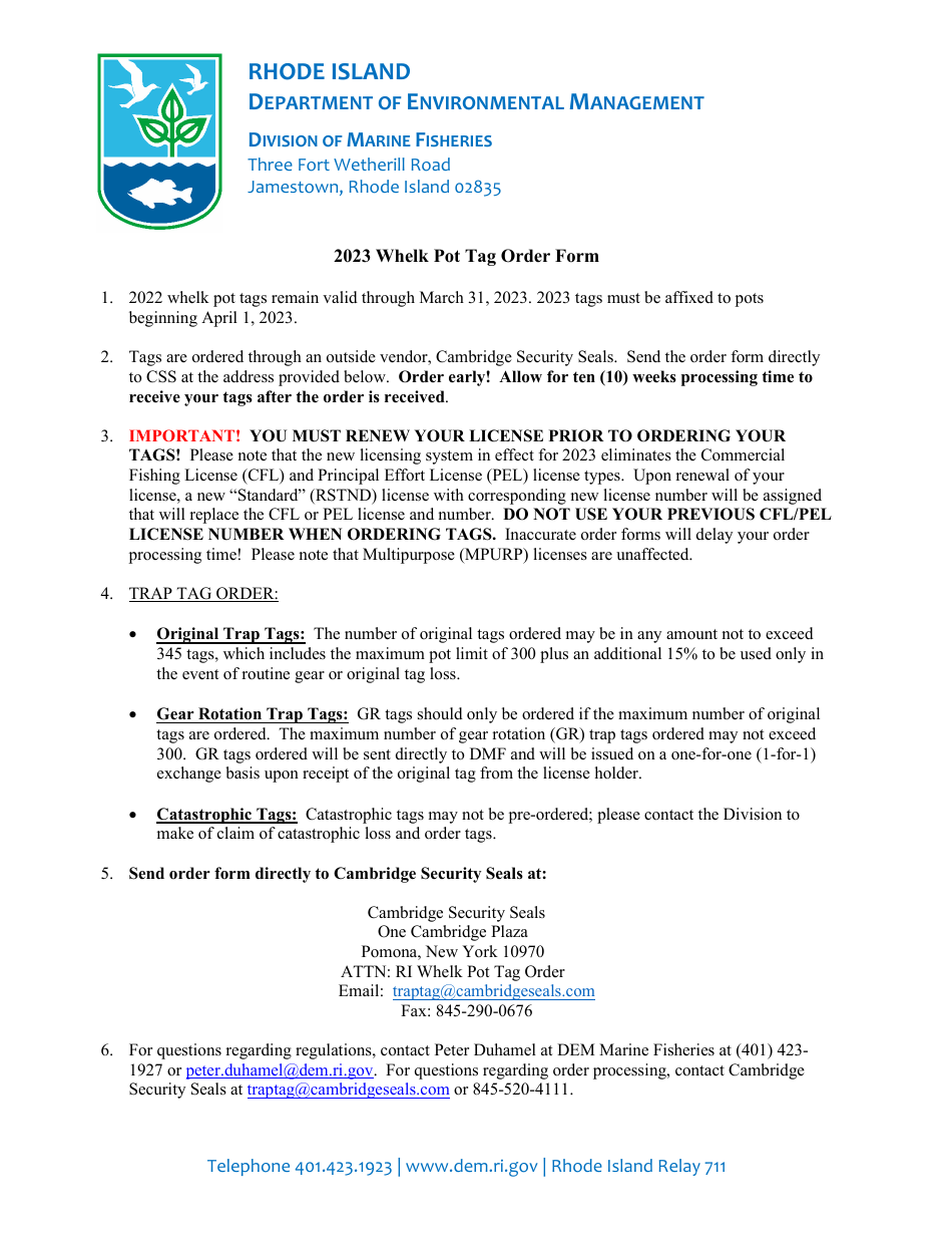 Whelk Pot Tag Order Form - Rhode Island, Page 1