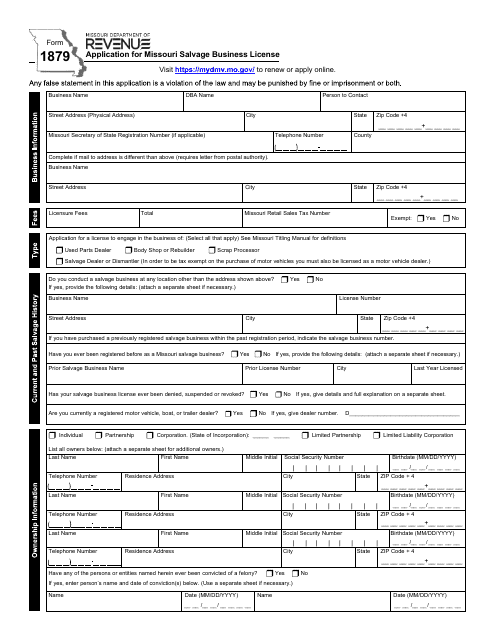 Form 1879 Application for Missouri Salvage Business License - Missouri