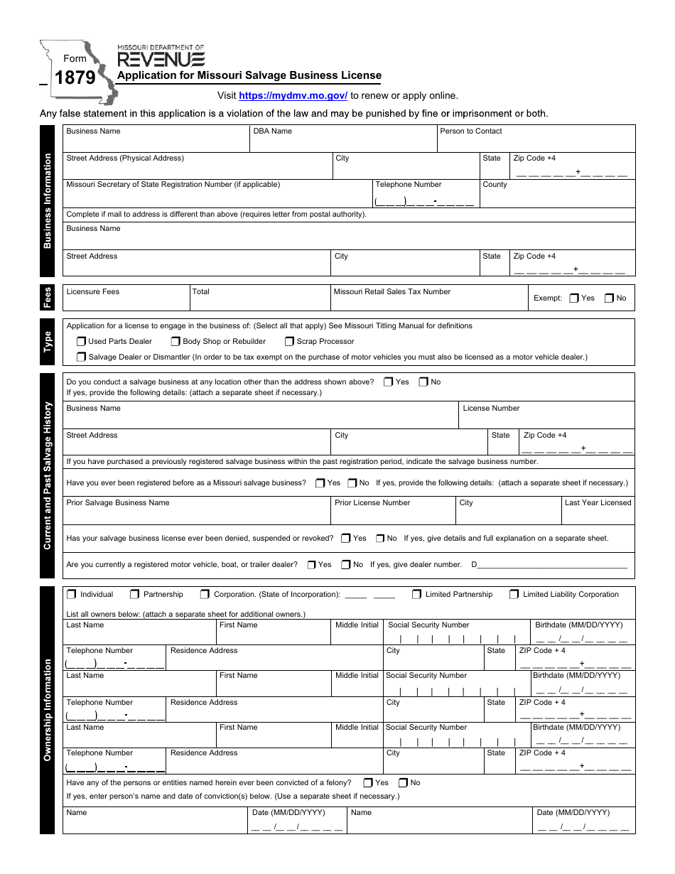 Form 1879 Application for Missouri Salvage Business License - Missouri, Page 1