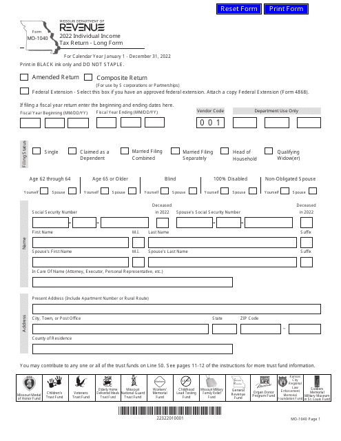 Form MO-1040 Individual Income Tax Return - Long Form - Missouri, 2022