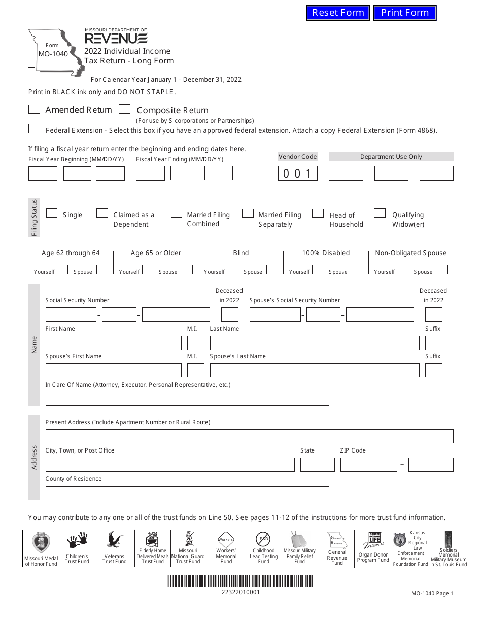 Form MO-1040 Individual Income Tax Return - Long Form - Missouri, Page 1