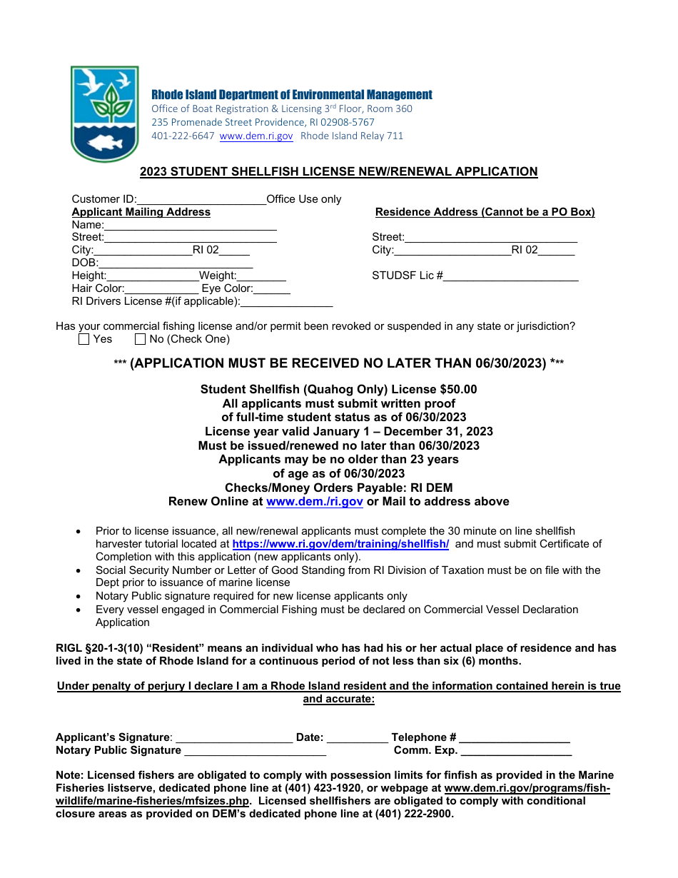 2023 Rhode Island Student Shellfish License New/Renewal Application