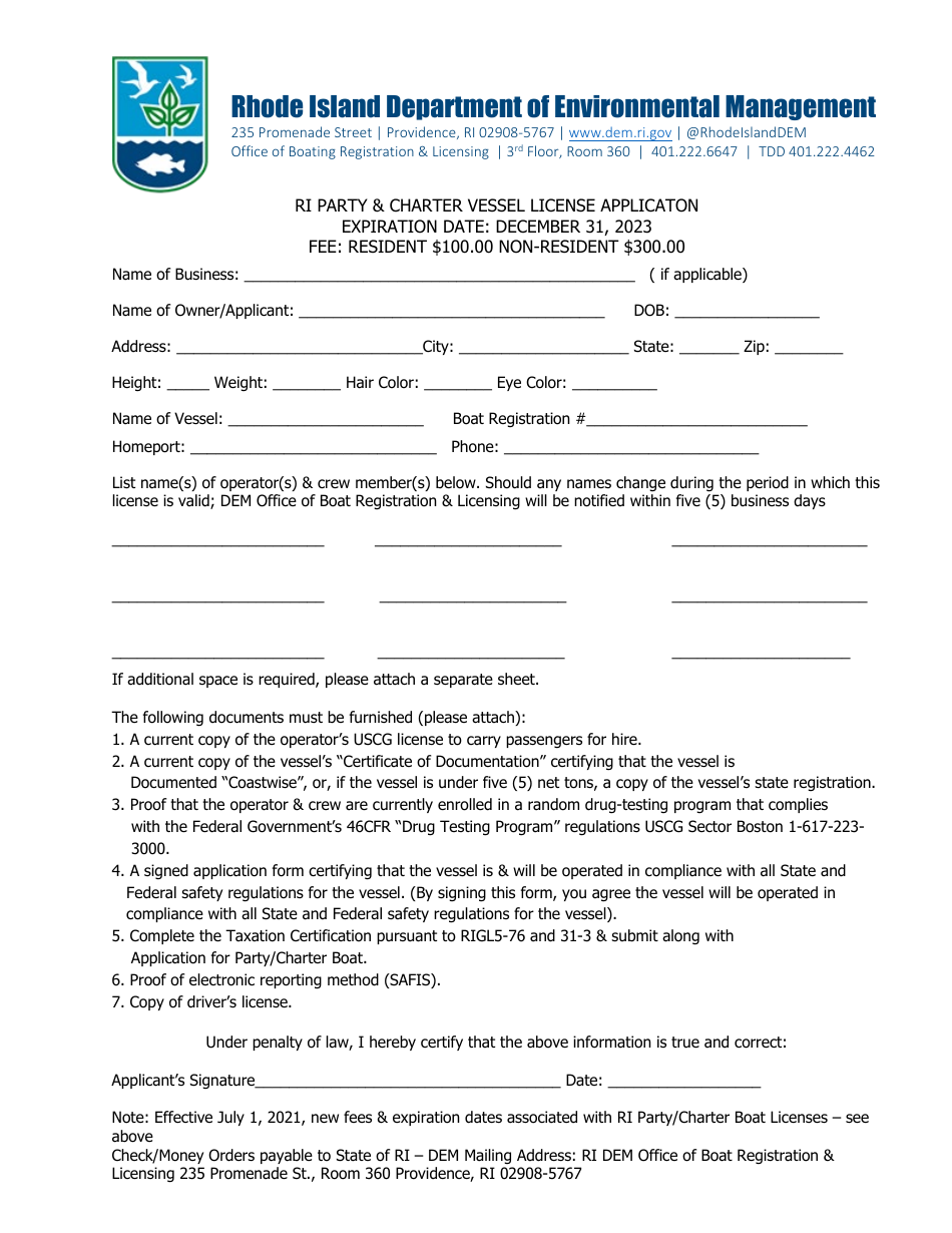 Ri Party  Charter Vessel License Applicaton - Rhode Island, Page 5