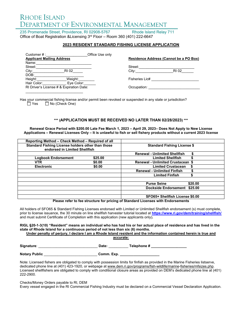 Resident Standard Fishing License Application - Rhode Island, Page 1