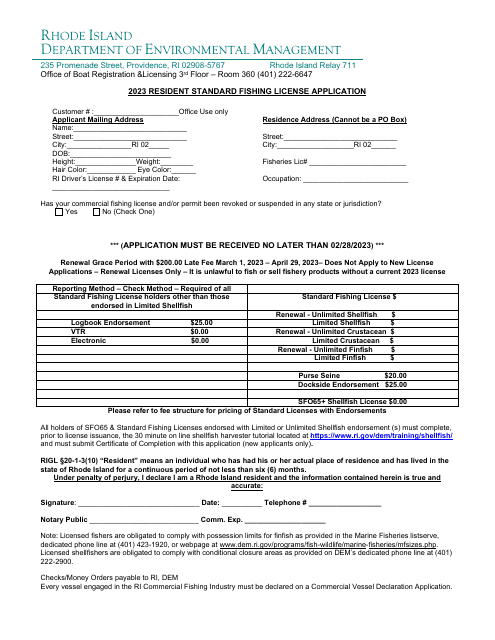 Resident Standard Fishing License Application - Rhode Island, 2023