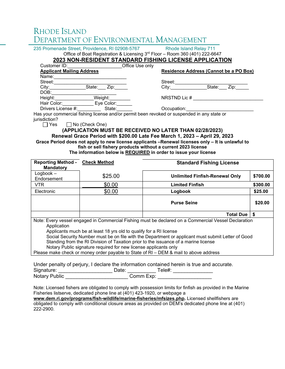 2023 Rhode Island Nonresident Standard Fishing License Application