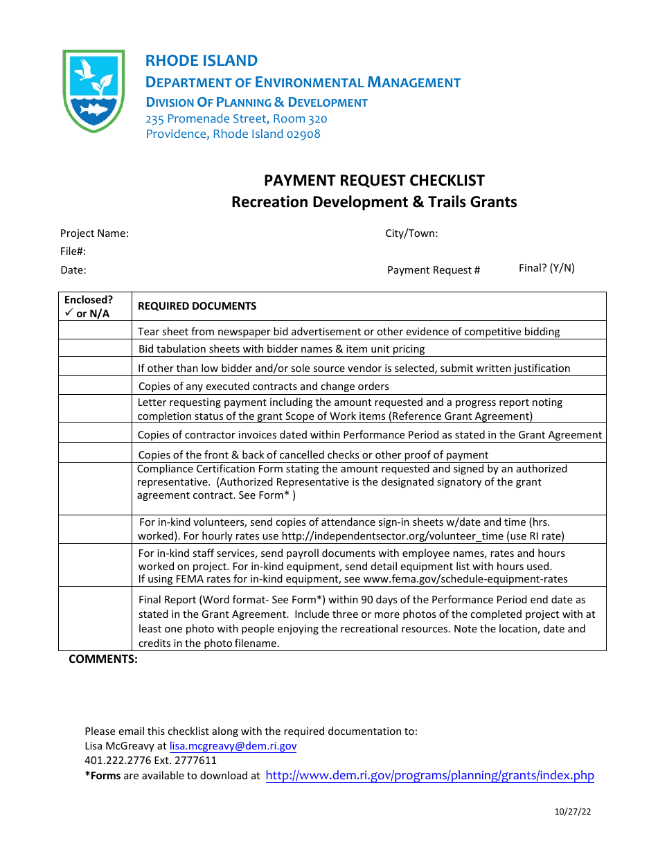 Payment Request Checklist - Recreation Development  Trails Grants - Rhode Island, Page 1