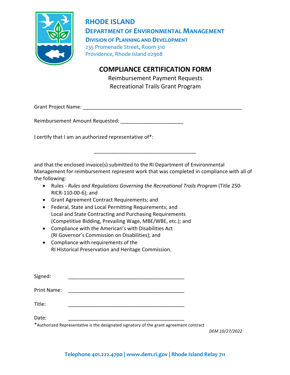 Rhode Island Compliance Certification Form Recreational Trails Grant