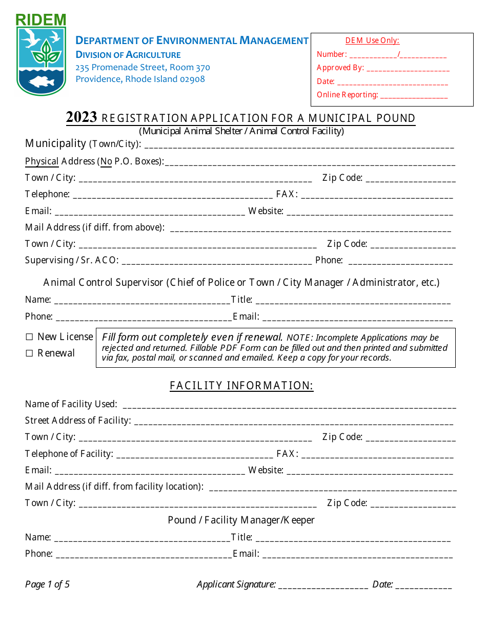Registration Application for a Municipal Pound - Rhode Island, Page 1