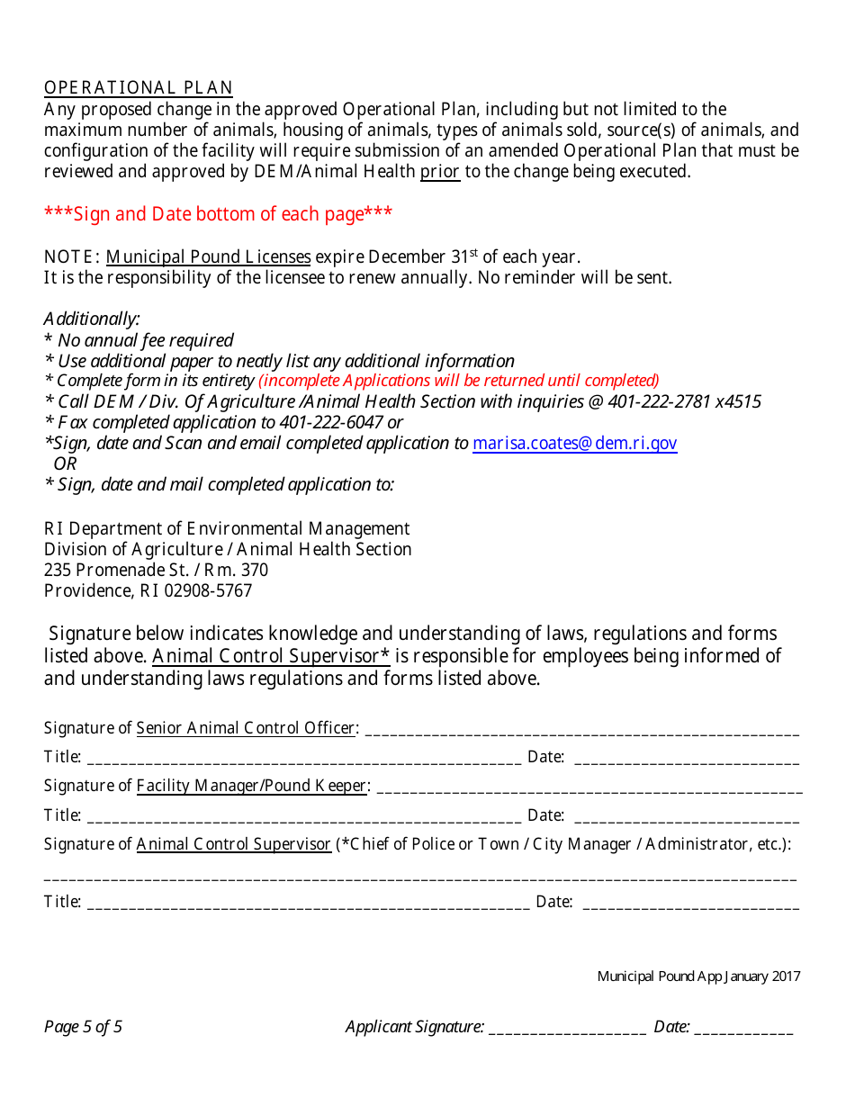 Registration Application for a Municipal Pound - Rhode Island, Page 5