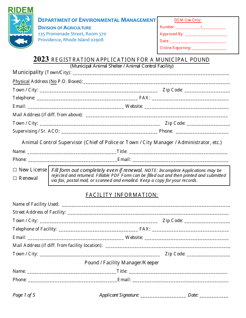 Registration Application for a Municipal Pound - Rhode Island, 2023