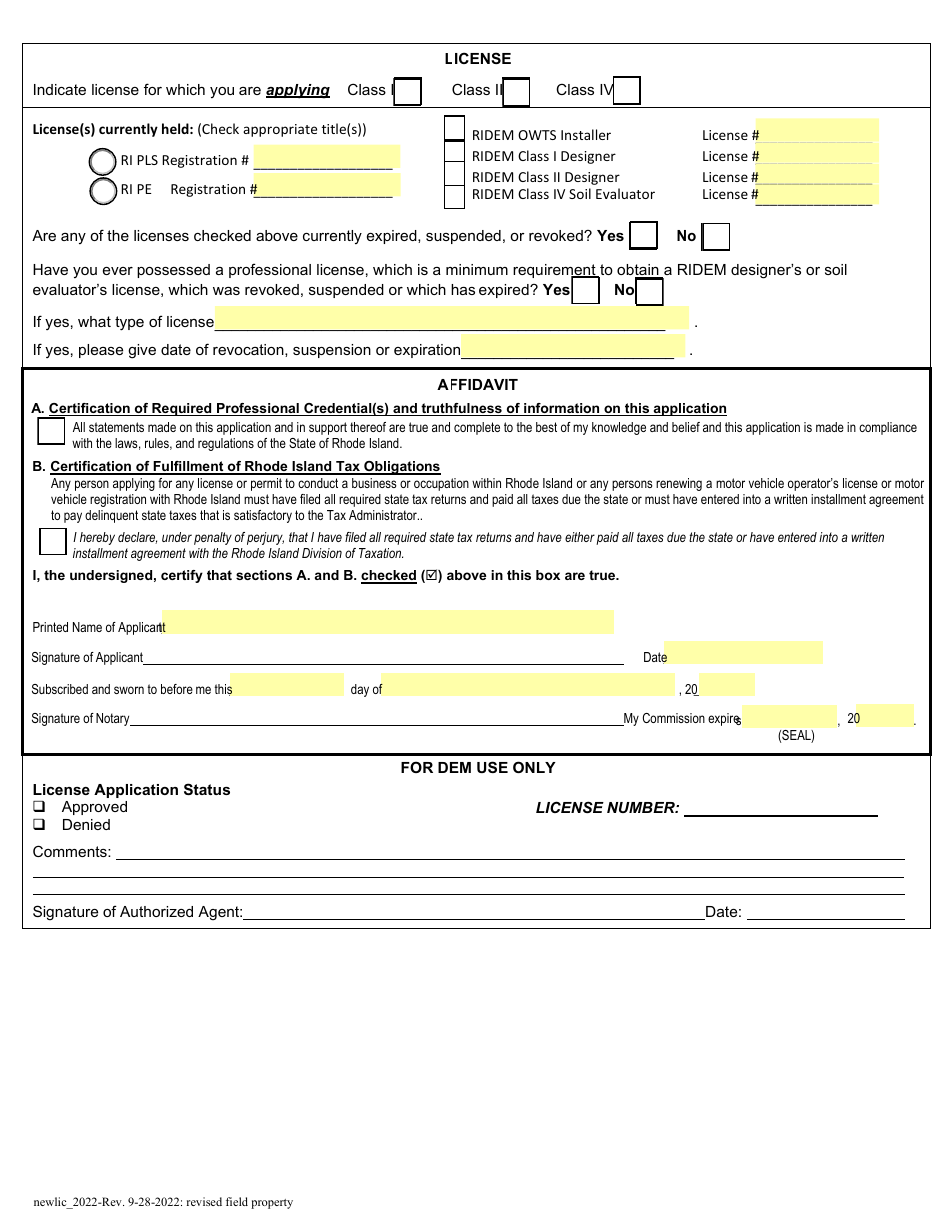 Application for New License - Class I, II Designer and IV Soil Evaluator - Rhode Island, Page 2