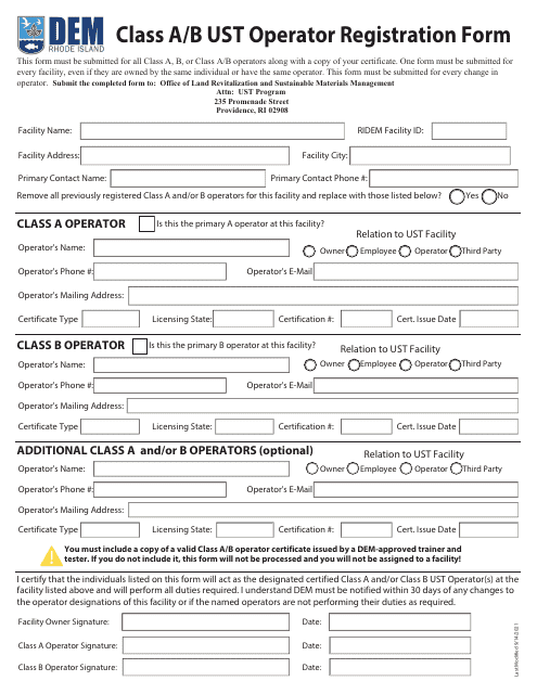 Class a/B Ust Operator Registration Form - Rhode Island