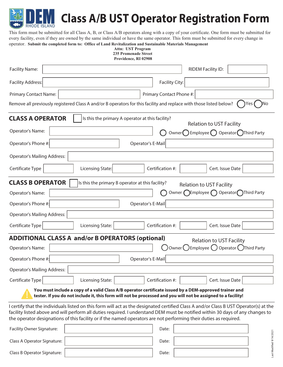 Class a / B Ust Operator Registration Form - Rhode Island, Page 1