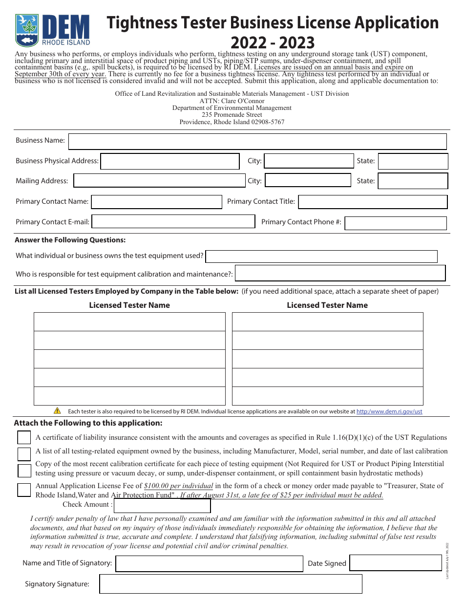Tightness Tester Business License Application - Rhode Island, Page 1