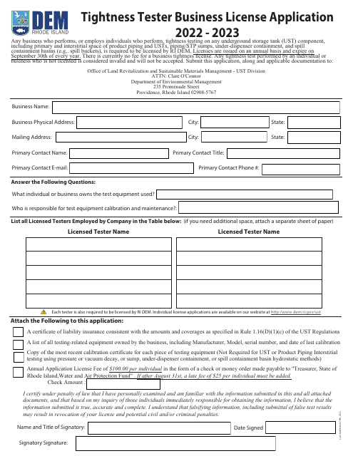 Tightness Tester Business License Application - Rhode Island, 2023
