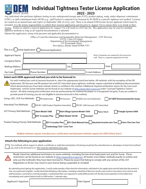 Individual Tightness Tester License Application - Rhode Island, 2023
