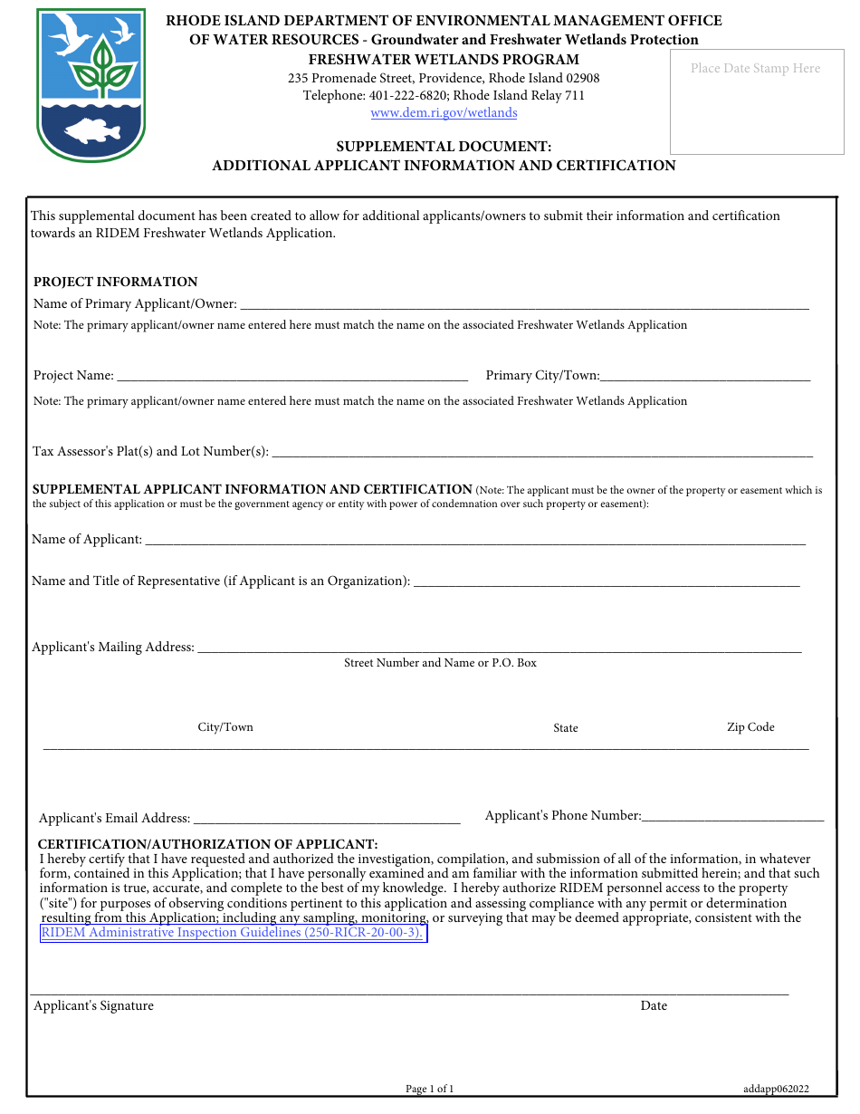 Supplemental Document: Additional Applicant Information and Certification - Rhode Island, Page 1