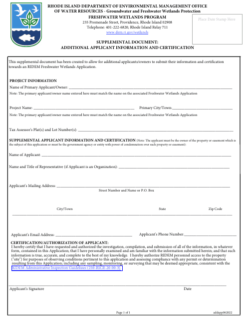 Supplemental Document: Additional Applicant Information and Certification - Rhode Island
