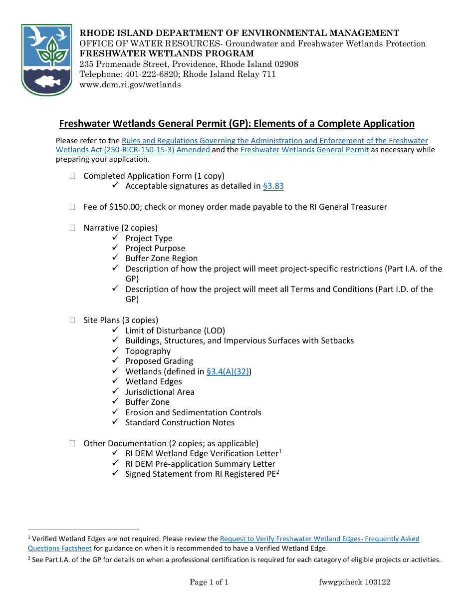 Freshwater Wetlands General Permit (Gp): Elements of a Complete Application - Rhode Island, Page 1