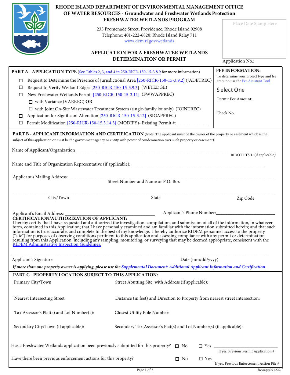 Application for a Freshwater Wetlands Determination or Permit - Rhode Island, Page 1