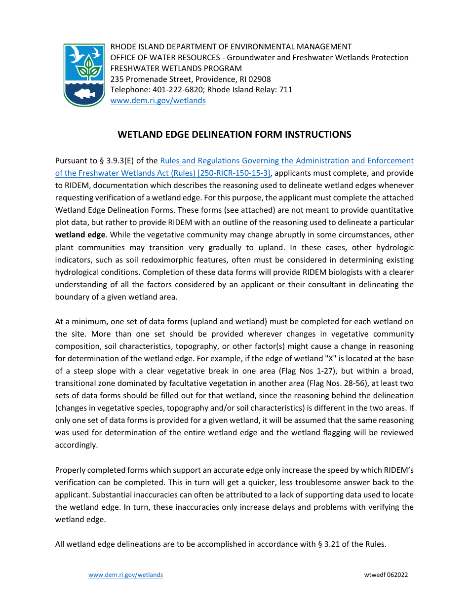 Wetland Edge Delineation Data Form (Upland) - Rhode Island, Page 1