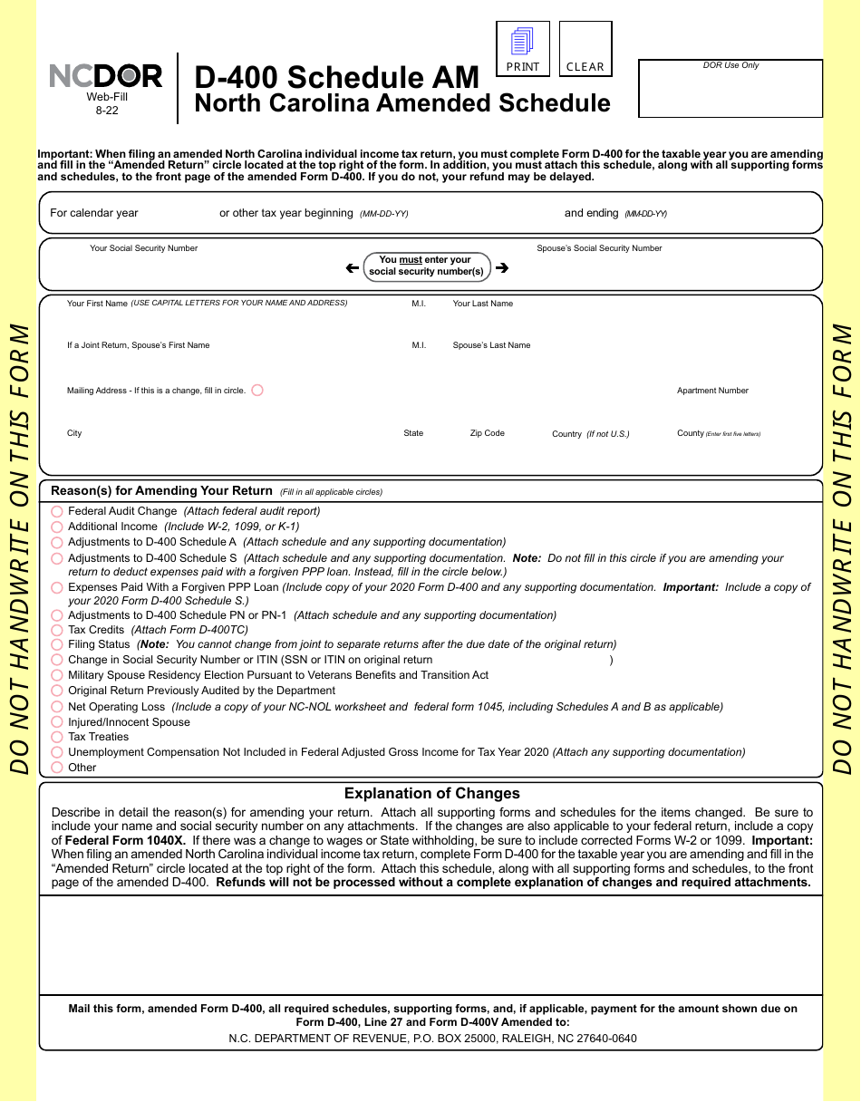 Form D 400 Schedule Am Download Fillable Pdf Or Fill Online North Carolina Amended Schedule 5020