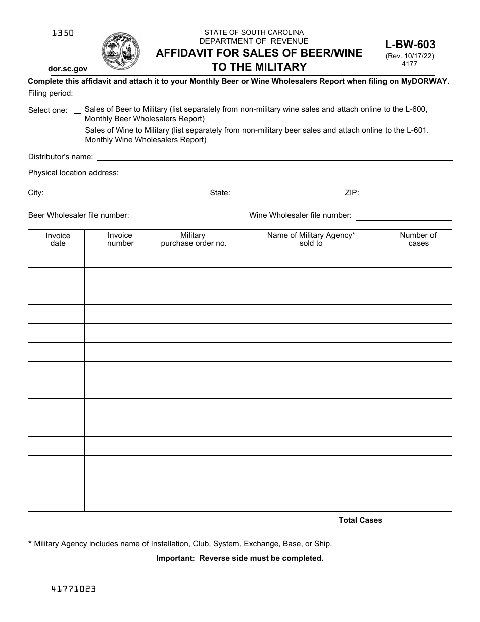 Form L-BW-603 Affidavit for Sales of Beer / Wine to the Military - South Carolina, Page 1