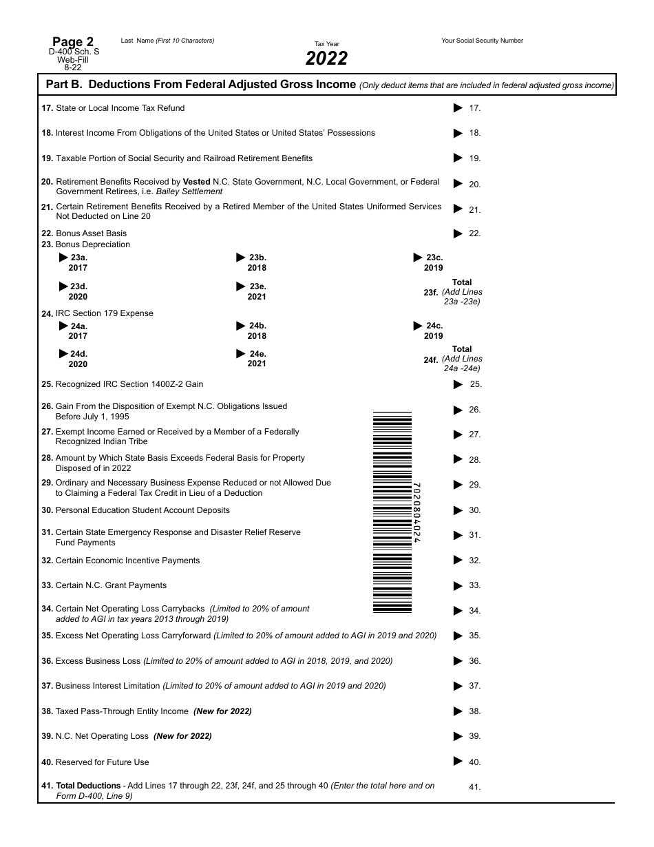 Form D400 Schedule S Download Fillable PDF or Fill Online N.c