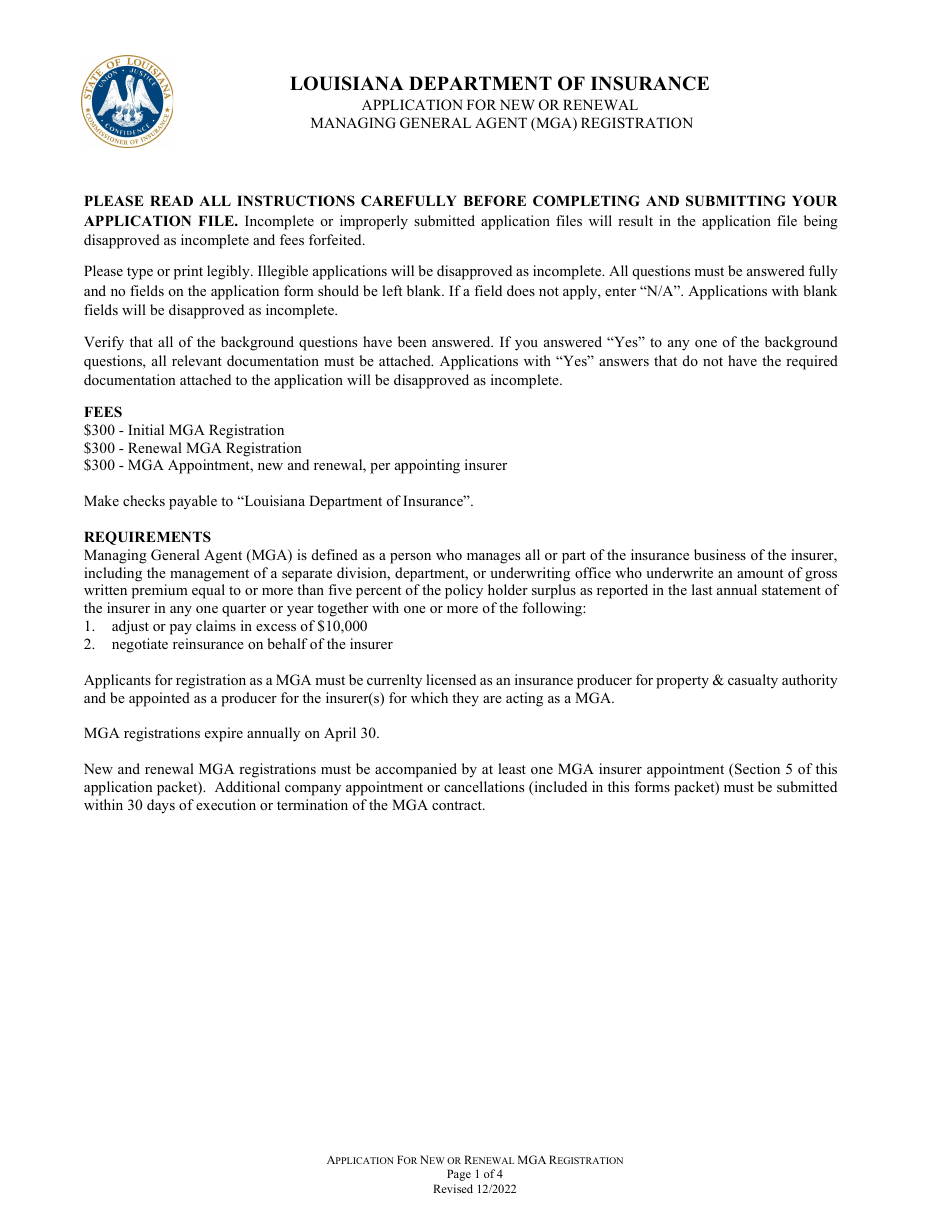 Application for New or Renewal Managing General Agent Registration - Louisiana, Page 1