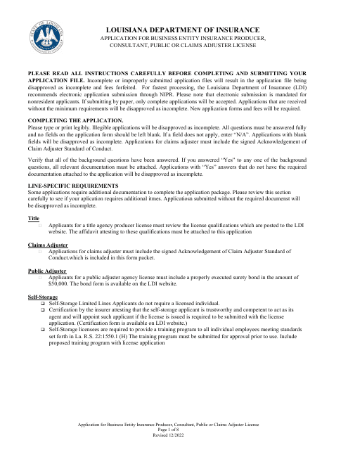 Application for Business Entity Insurance Producer, Consultant, Public or Claims Adjuster License - Louisiana Download Pdf