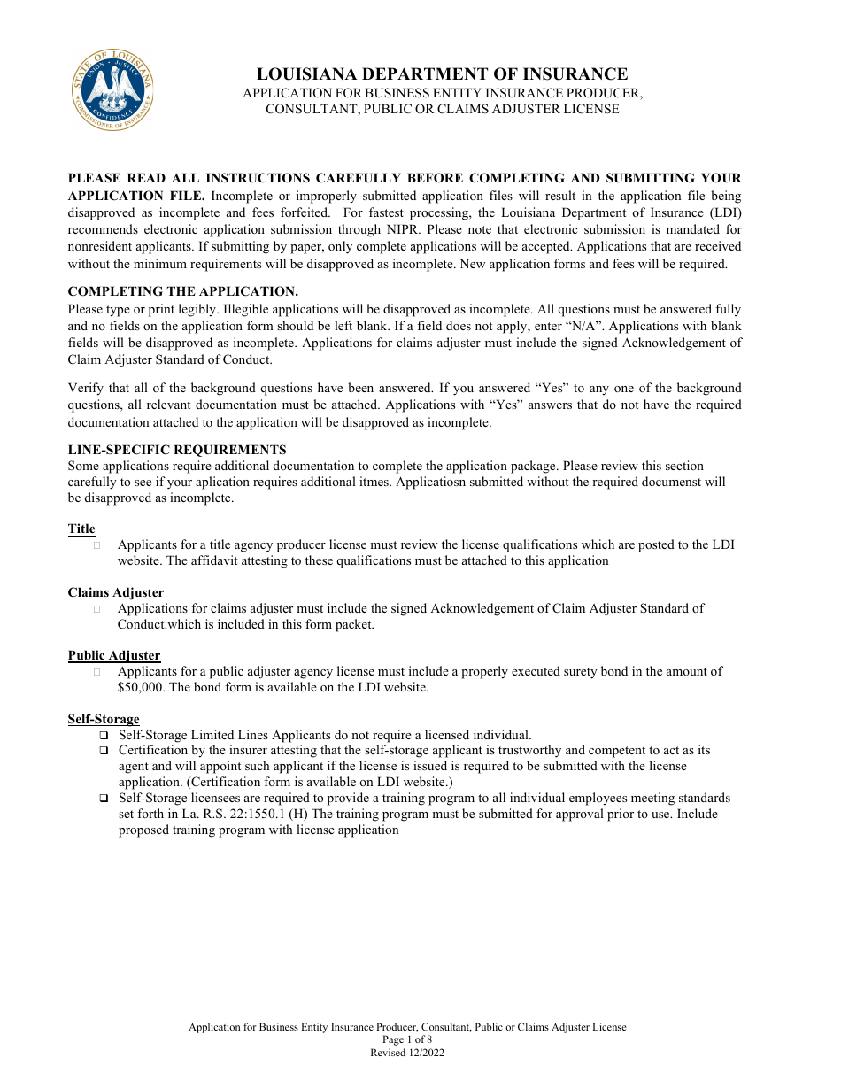 Application for Business Entity Insurance Producer, Consultant, Public or Claims Adjuster License - Louisiana, Page 1