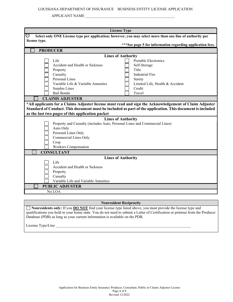 Application for Business Entity Insurance Producer, Consultant, Public or Claims Adjuster License - Louisiana, Page 4