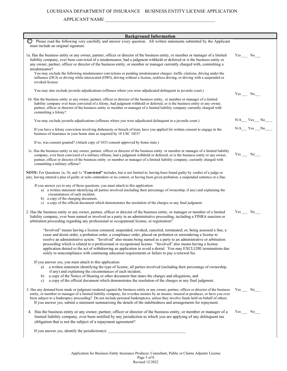 Application for Business Entity Insurance Producer, Consultant, Public or Claims Adjuster License - Louisiana, Page 5