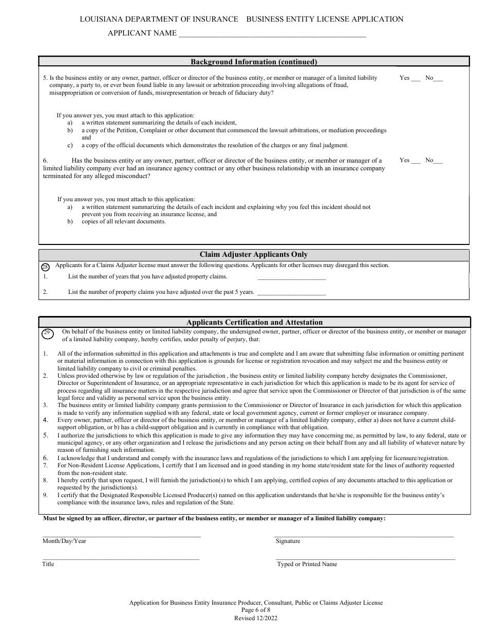 Application for Business Entity Insurance Producer, Consultant, Public or Claims Adjuster License - Louisiana, Page 6