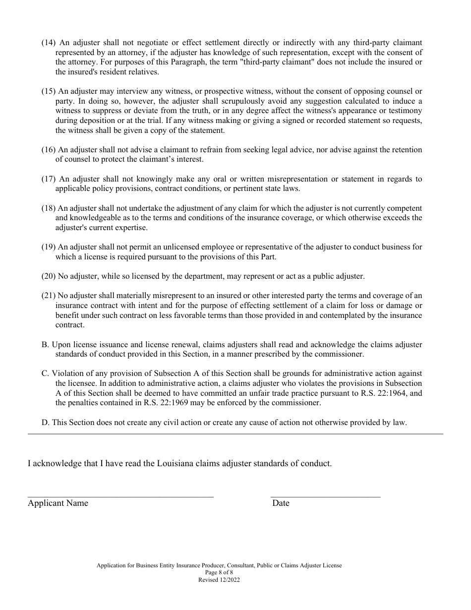 Application for Business Entity Insurance Producer, Consultant, Public or Claims Adjuster License - Louisiana, Page 8