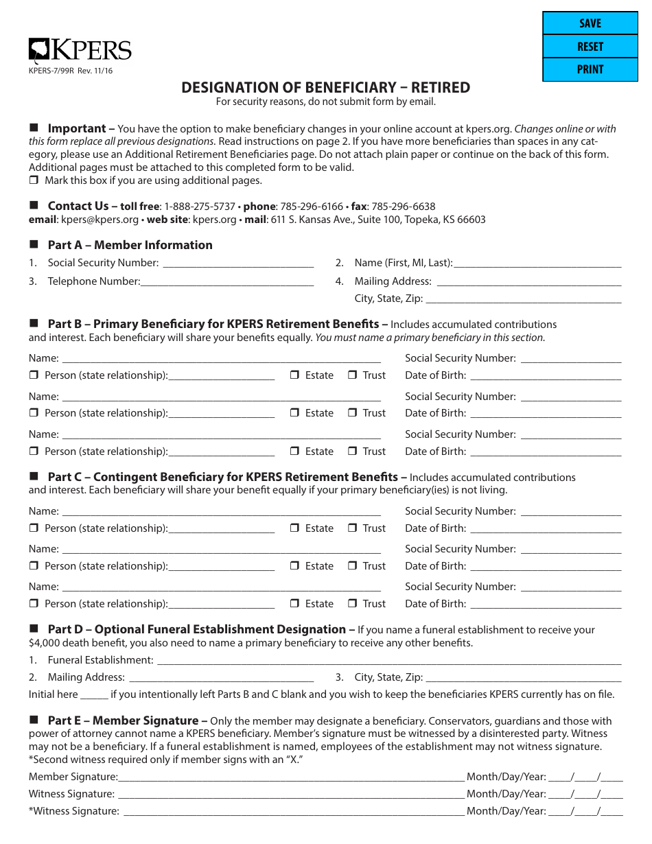 Form KPERS-7 / 99R Designation of Beneficiary - Retired - Kansas, Page 1