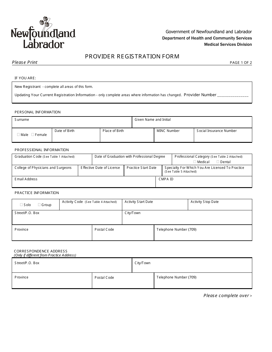 Provider Registration Form - Newfoundland and Labrador, Canada, Page 1
