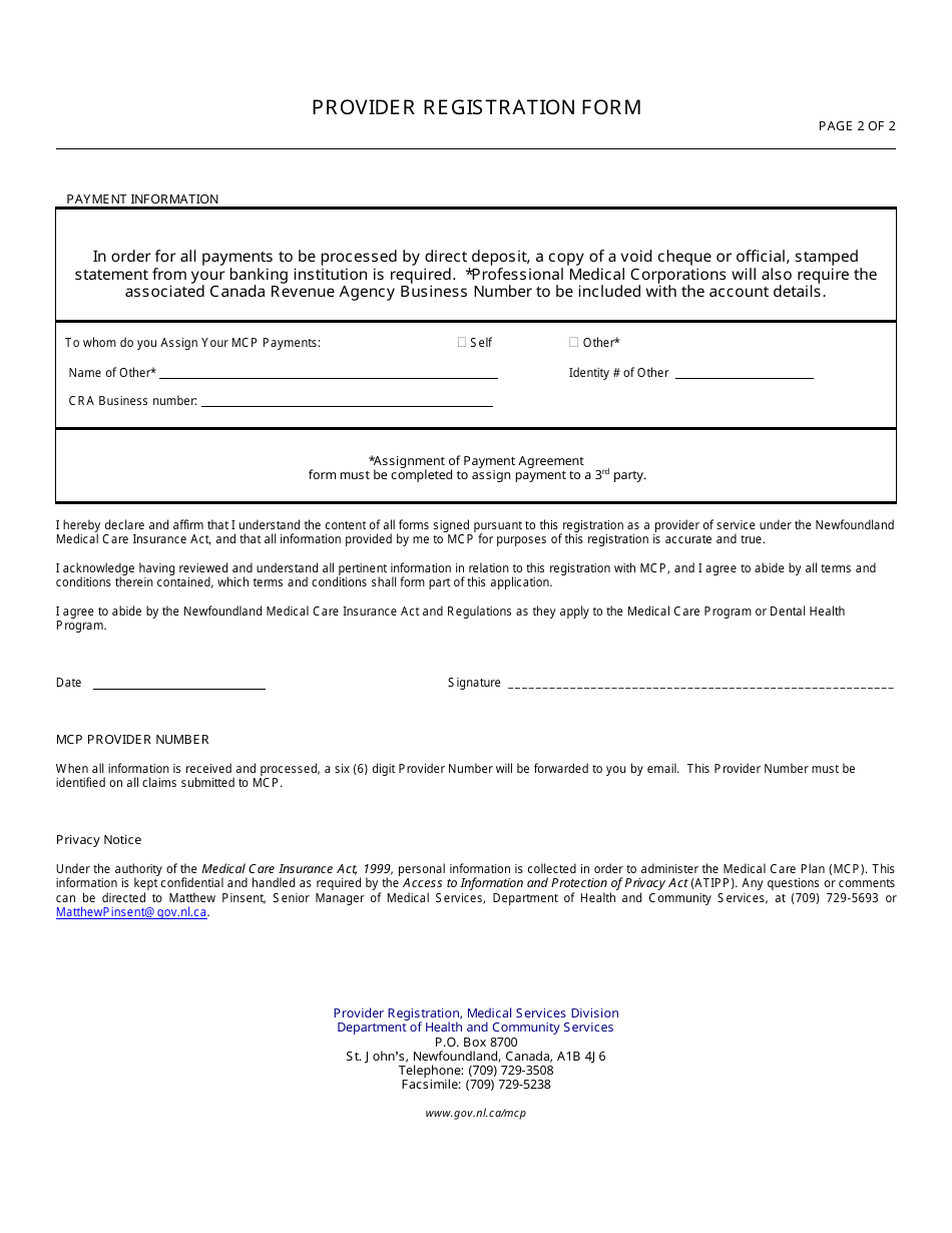 Provider Registration Form - Newfoundland and Labrador, Canada, Page 2