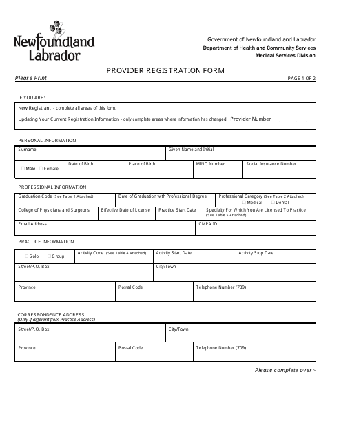 Provider Registration Form - Newfoundland and Labrador, Canada Download Pdf