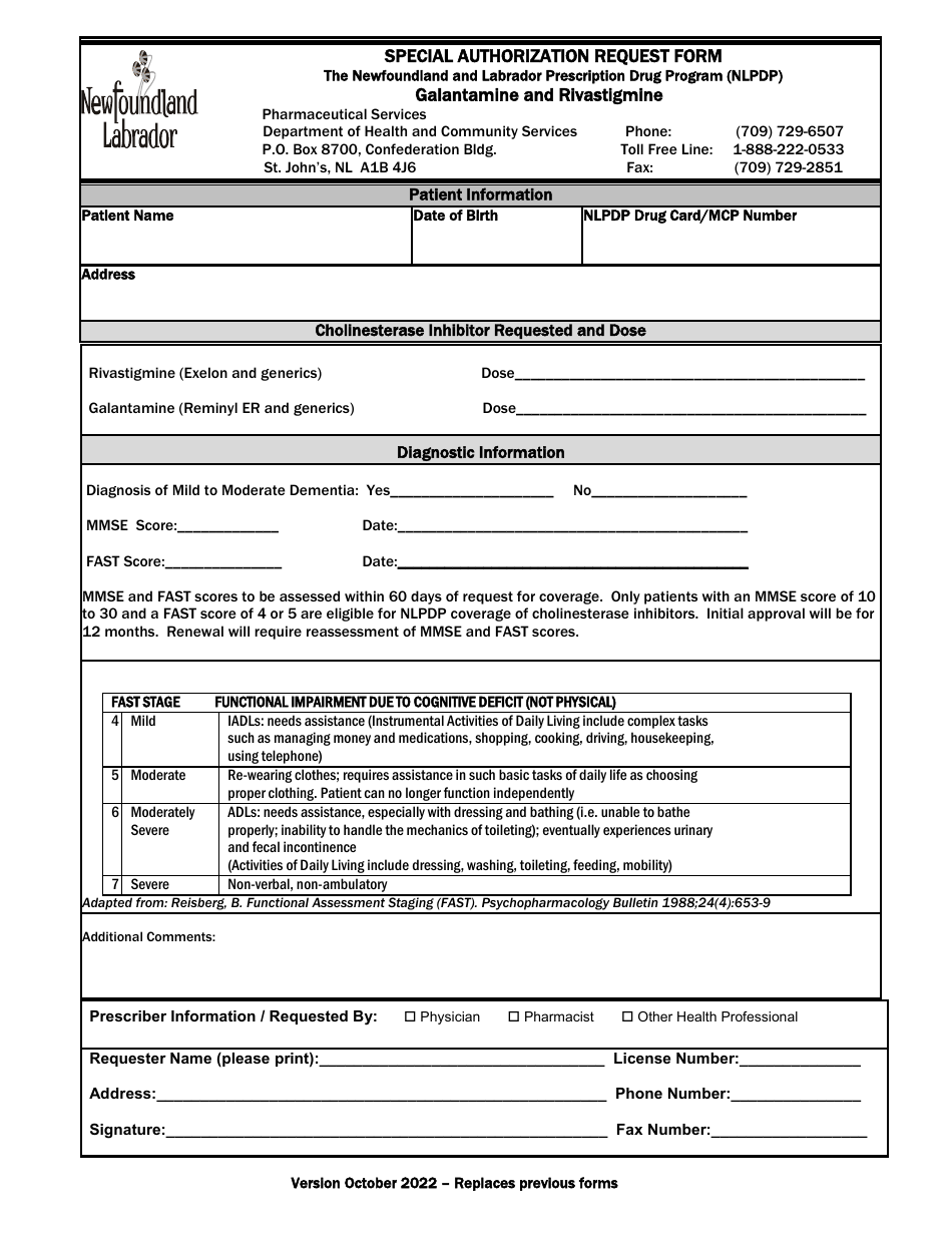 Special Authorization Request Form - Galantamine and Rivastigmine - Newfoundland and Labrador, Canada, Page 1